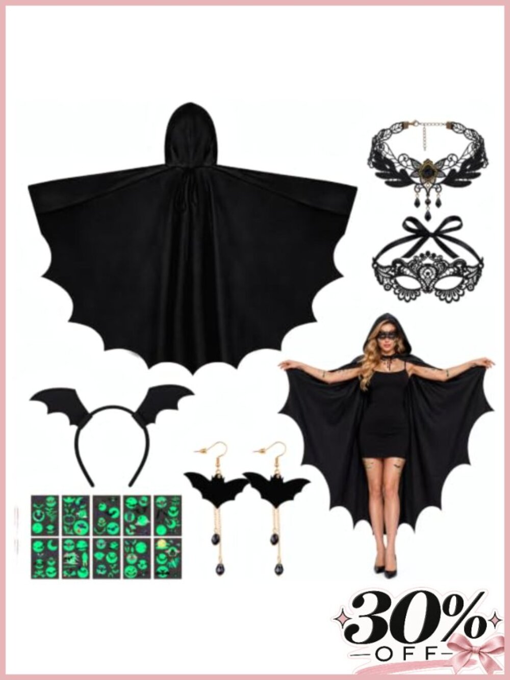 Bat Costume Set Wings Cloak Cape Hood Ears Mask Necklace Earrings Tattoo